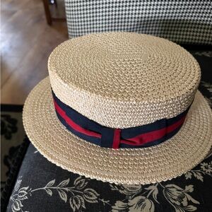 Classic Italian made Straw Boater Skimmer Hat with Red and Navy Band. Beautiful
